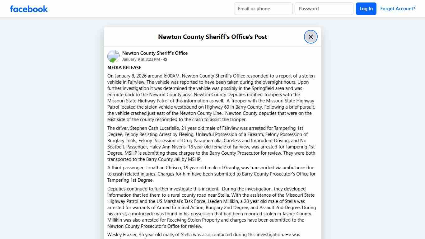 𝗠𝗘𝗗𝗜𝗔 𝗥𝗘𝗟𝗘𝗔𝗦𝗘 On January... - Newton County Sheriff's Office Facebook